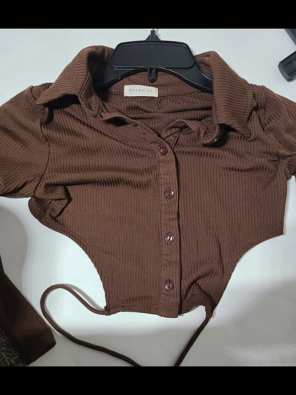 3for15 - Occasion Brown Ribbed Button-Front Crop Top